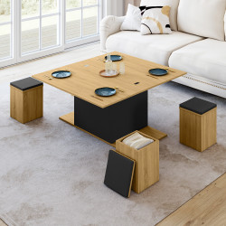 Rechteckiger Couchtisch aus Holz und Schwarz, umwandelbar in einen Esstisch mit Hockern - EDEN | ID Market