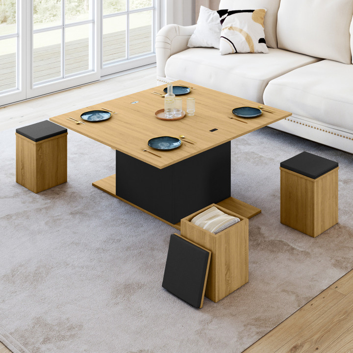 Table basse rectangulaire relevable convertible en table à manger EDEN bois et noir avec poufs