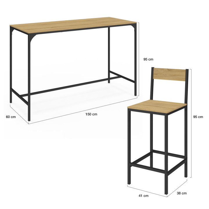 Ensemble table haute de bar DETROIT 150 cm et 6 chaises de bar design industriel
