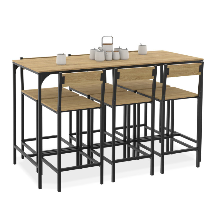 Ensemble table haute de bar DETROIT 150 cm et 6 chaises de bar design industriel