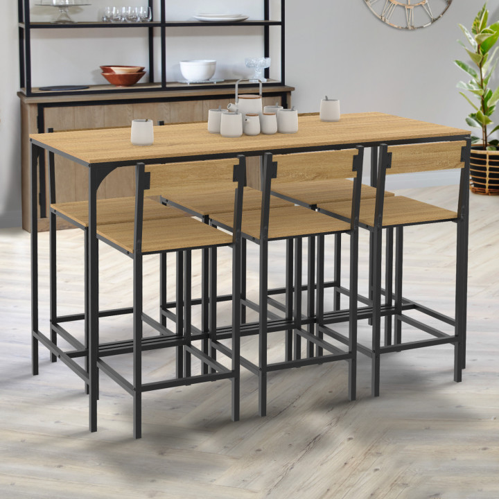 Ensemble table haute de bar DETROIT 150 cm et 6 chaises de bar design industriel