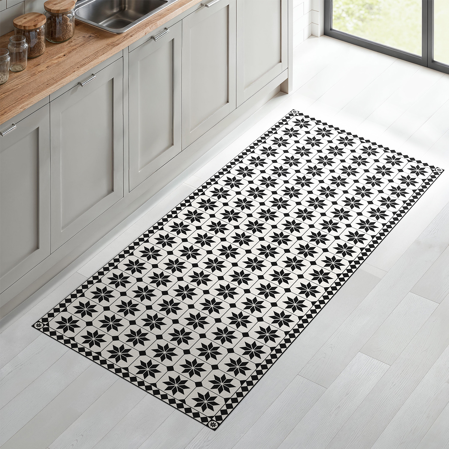 Tapis en vinyle effet mosaïque noir et blanc 66 x 160 cm