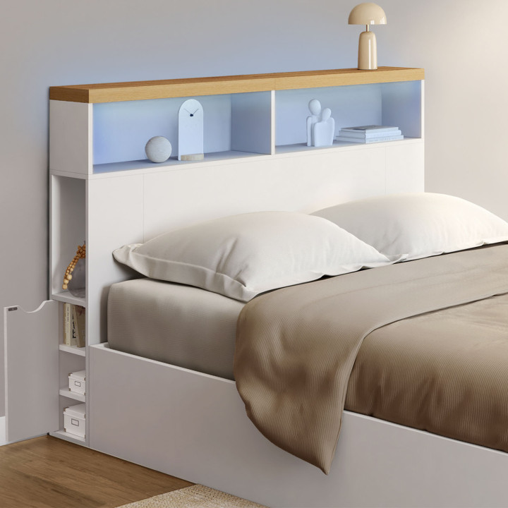 Kopfteil auf LED-Standfuß Tischplatte 145 cm Holzeffekt Nischen und weißer Stauraum - LUNA | ID Market