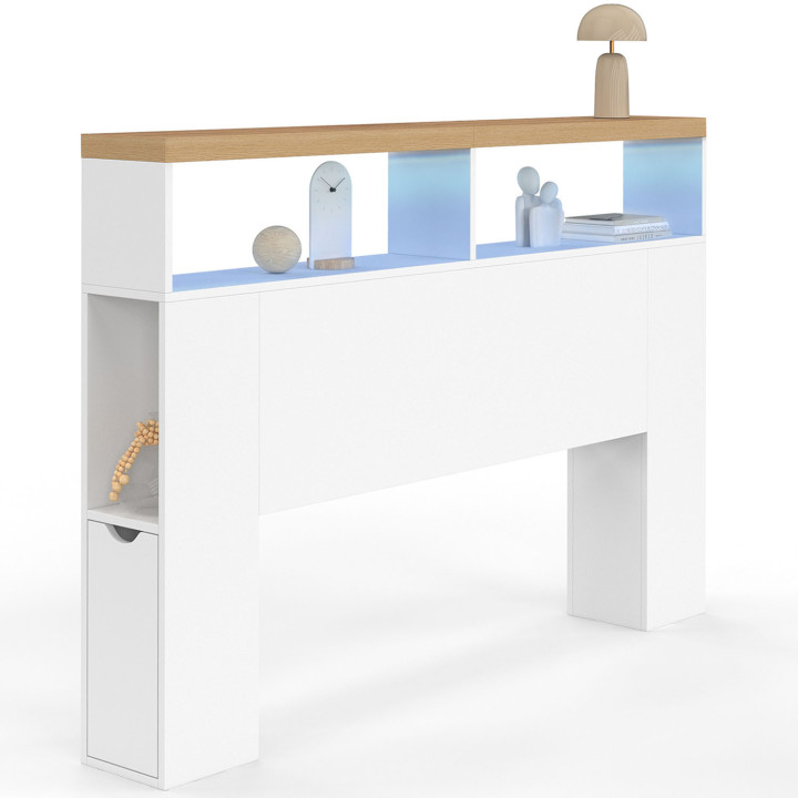 Cabecero LED con encimera de 145 cm efecto madera, nichos blancos y almacenamiento - LUNA | ID Market