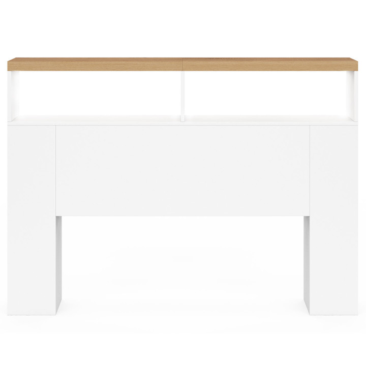 Tête de lit sur pied LUNA à LEDS 145 cm avec rangements fermés et niches blanc et plateau effet bois