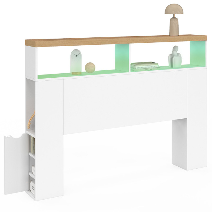 Testiera a LED con top effetto legno da 145 cm, nicchie e contenitori bianchi - LUNA | ID Market