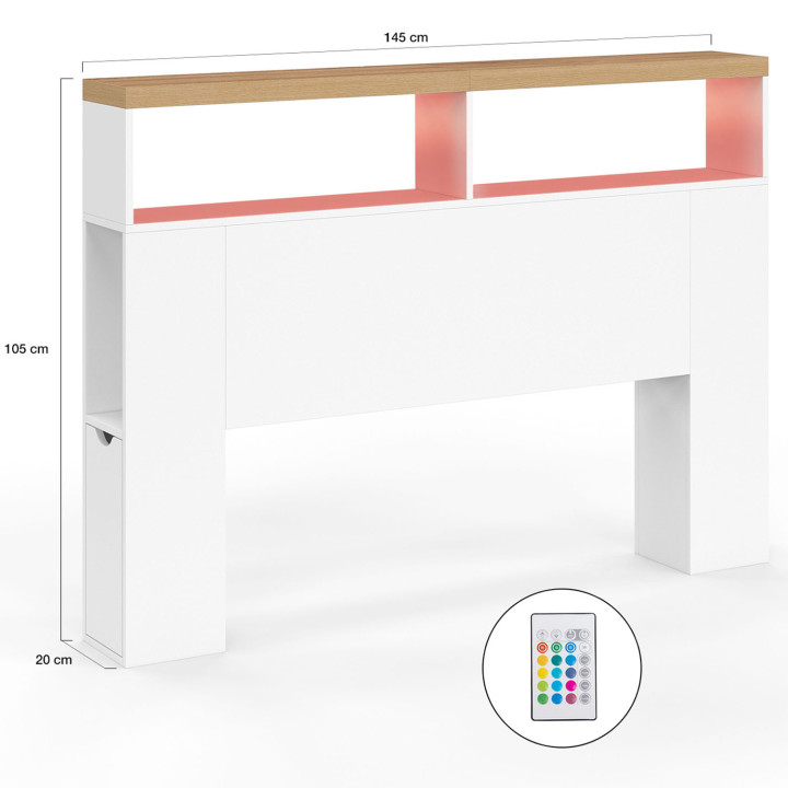 Testiera a LED con top effetto legno da 145 cm, nicchie e contenitori bianchi - LUNA | ID Market