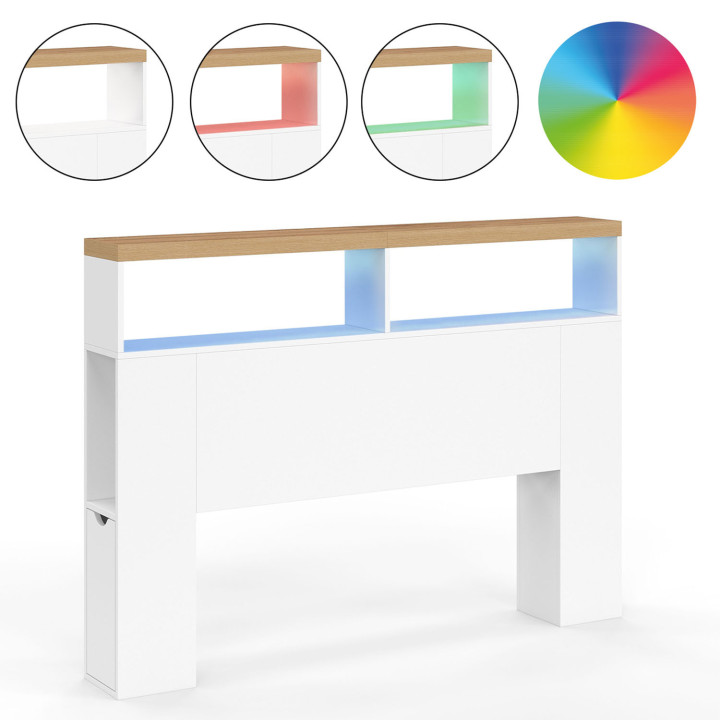 Testiera a LED con top effetto legno da 145 cm, nicchie e contenitori bianchi - LUNA | ID Market