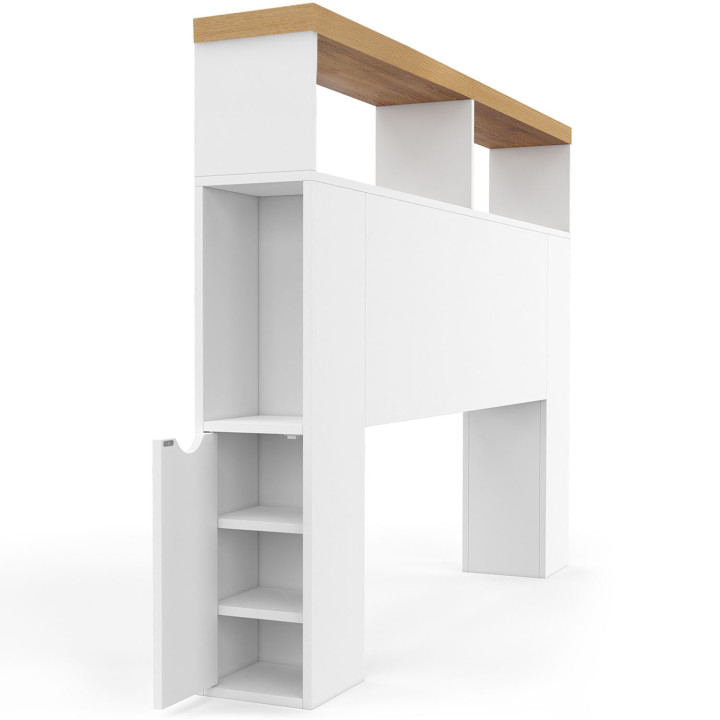 Tête de lit sur pied LUNA à LEDS 145 cm avec rangements fermés et niches blanc et plateau effet bois