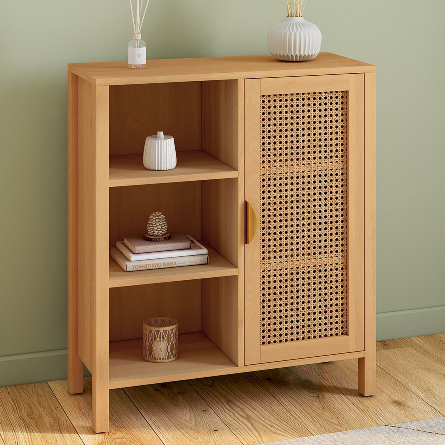 Buffet d’appoint cannage avec 3 étagères et placard 70 cm