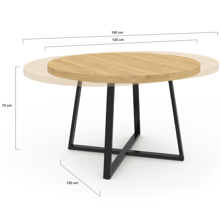 Table à manger extensible ronde SELMA 4-8 personnes bois et noir 120-160 cm
