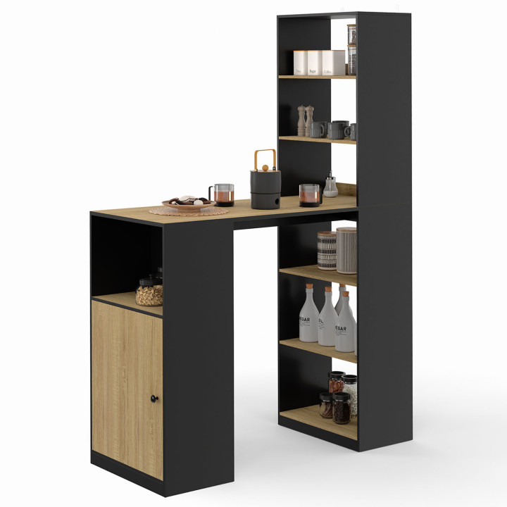 Table de bar LUNG avec rangements et placard 2 personnes bois et noir