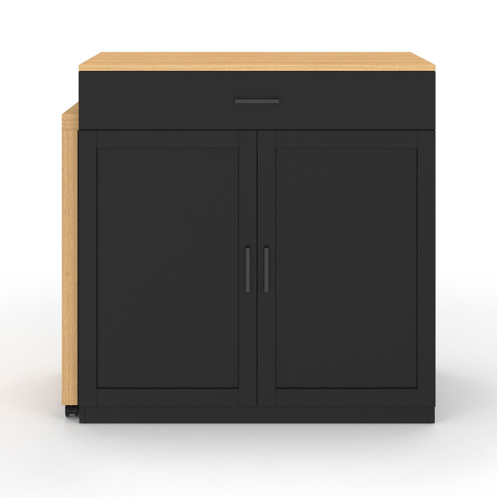 Isola centrale VITO 94-155 cm in legno nero con tavolo da pranzo integrato allungabile in finitura faggio