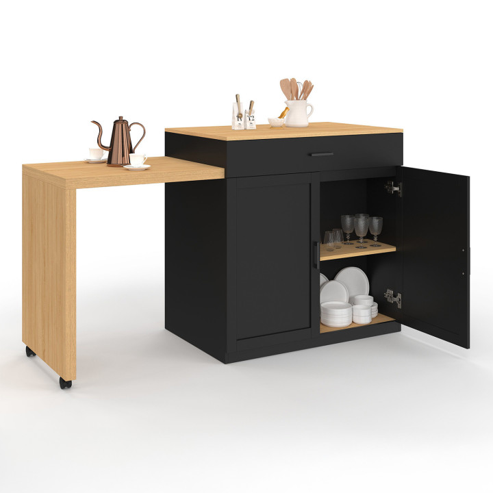 Ilot central VITO 90-155 cm bois noir avec plan de travail extensible façon hêtre