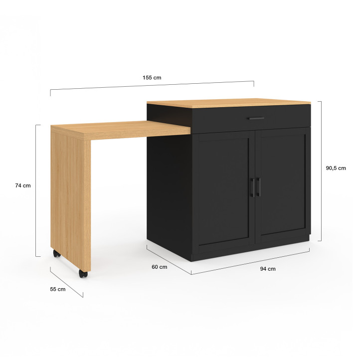 Ilot central VITO 90-155 cm bois noir avec plan de travail extensible façon hêtre