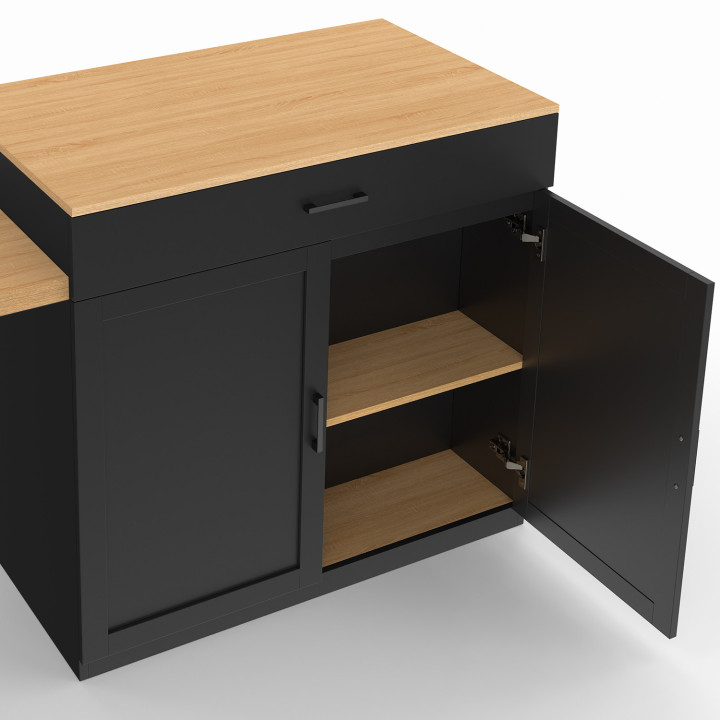 Ilot central VITO 90-155 cm bois noir avec plan de travail extensible façon hêtre