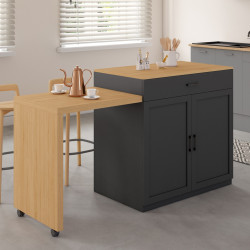 Ilot central VITO 90-155 cm bois noir avec plan de travail extensible façon hêtre