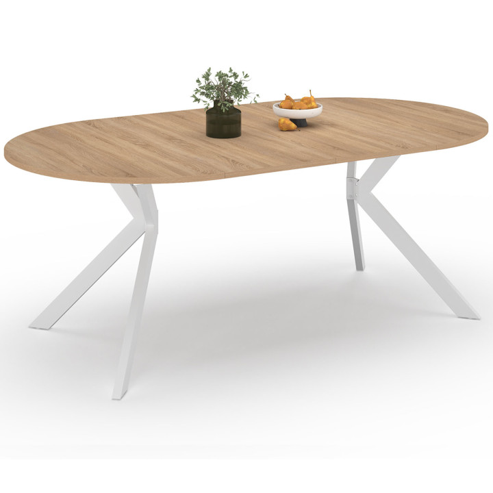 Mesa de comedor redonda extensible para 4-10 personas, madera y pata de araña blanca 110 - 200 cm - ALIX | ID Market