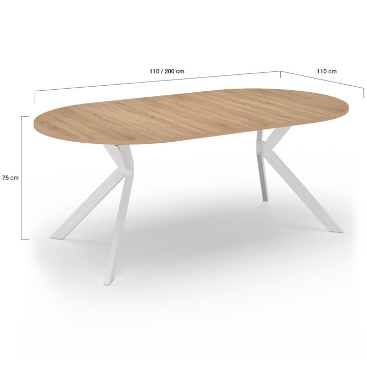 Mesa de comedor redonda extensible para 4-10 personas, madera y pata de araña blanca 110 - 200 cm - ALIX | ID Market
