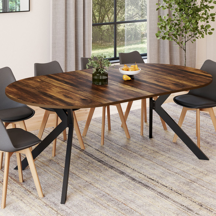 ALIX tavolo da pranzo rotondo allungabile 4-10 persone HAWKINS legno scuro e gamba a ragno nera 110 - 200 cm