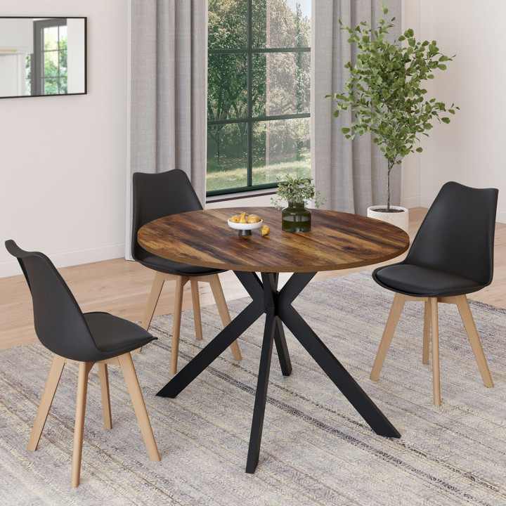 Table à manger extensible ronde ALIX 4-10 personnes pied araignée noir et plateau bois foncé HAWKINS 110-200 cm