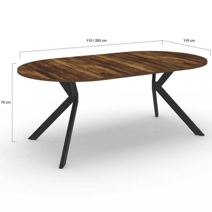 ALIX tavolo da pranzo rotondo allungabile 4-10 persone HAWKINS legno scuro e gamba a ragno nera 110 - 200 cm