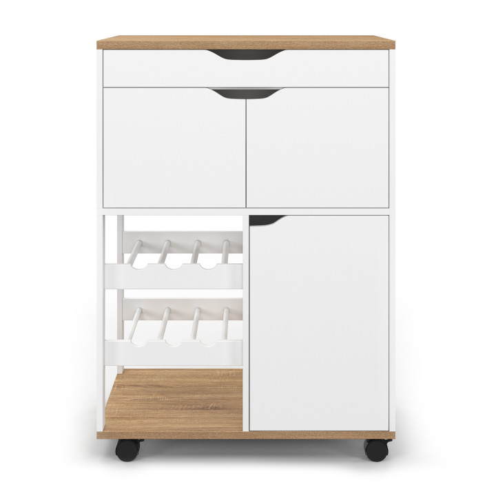 Aparador de cocina de madera y blanco con armarios y botellero - COSY | ID Market