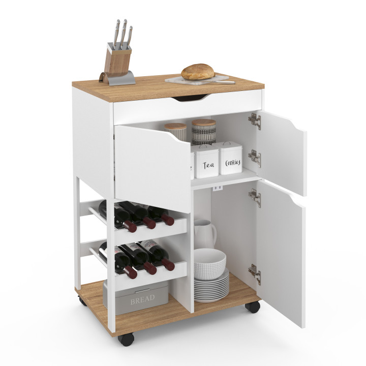 Aparador de cocina de madera y blanco con armarios y botellero - COSY | ID Market