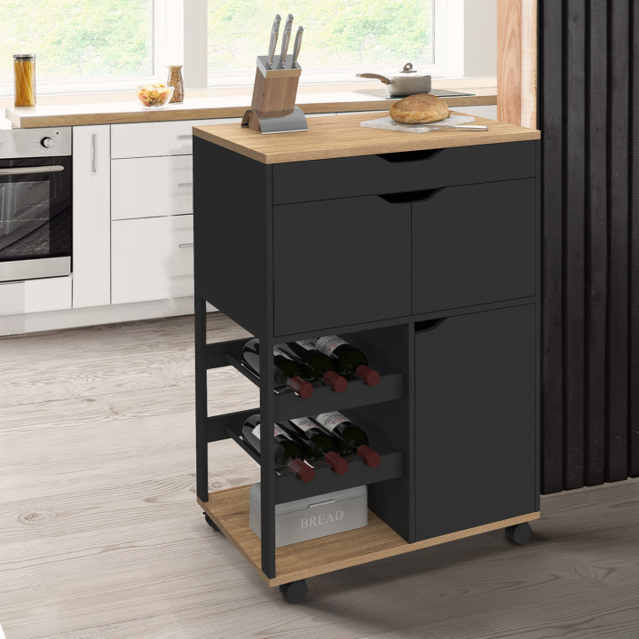 COSY keukenbuffet met kastjes en flessenrek in hout en zwart