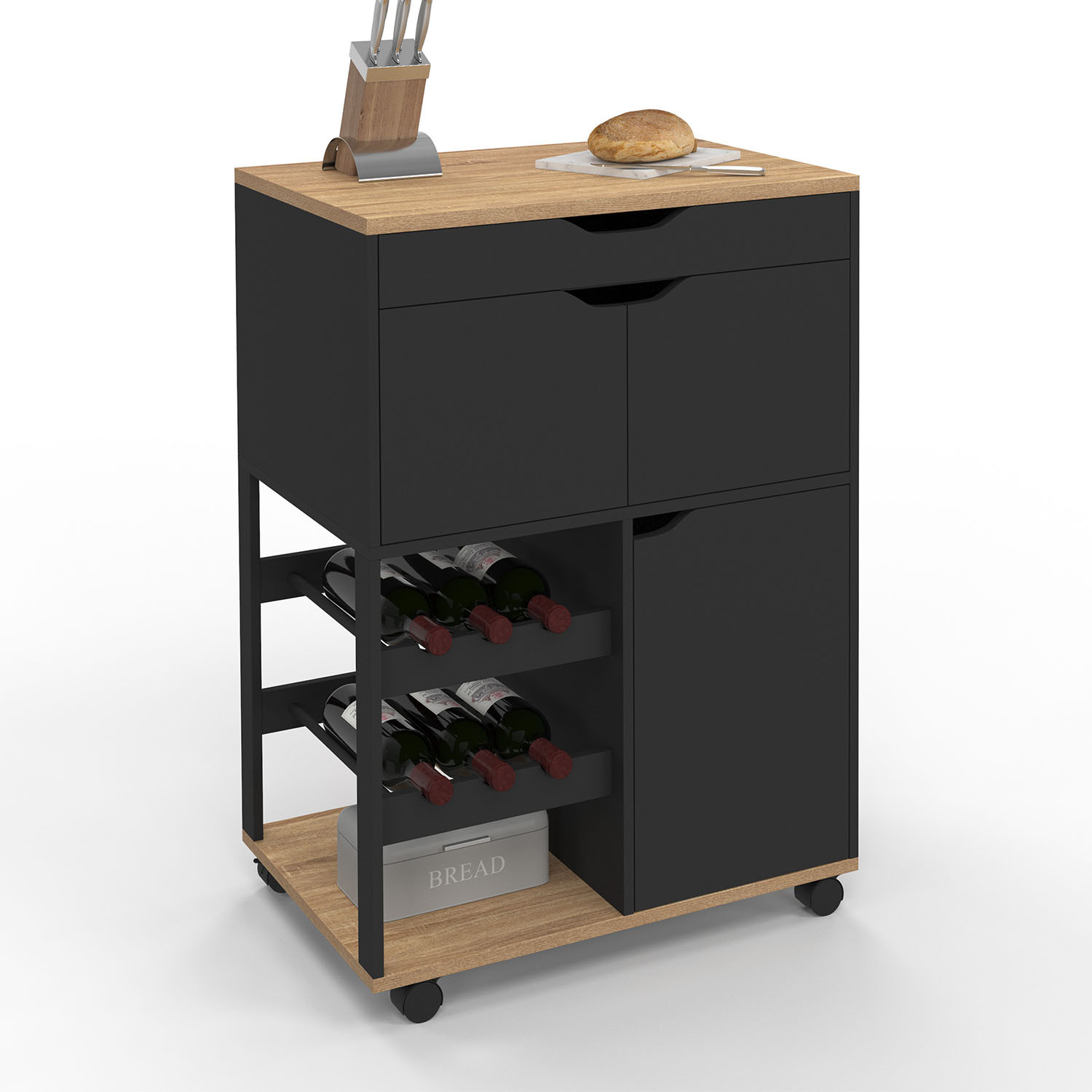 Desserte de cuisine à roulettes avec placards et range-bouteilles bois et noir