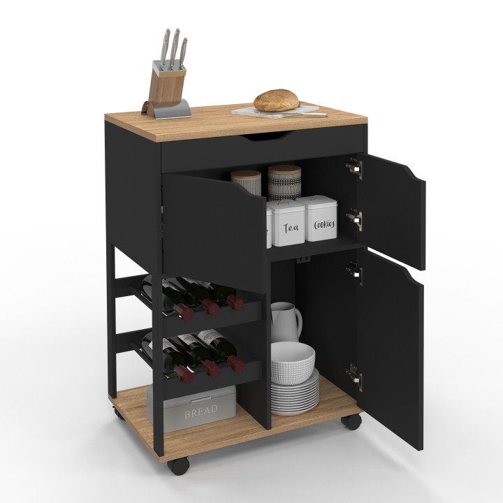 COSY keukenbuffet met kastjes en flessenrek in hout en zwart
