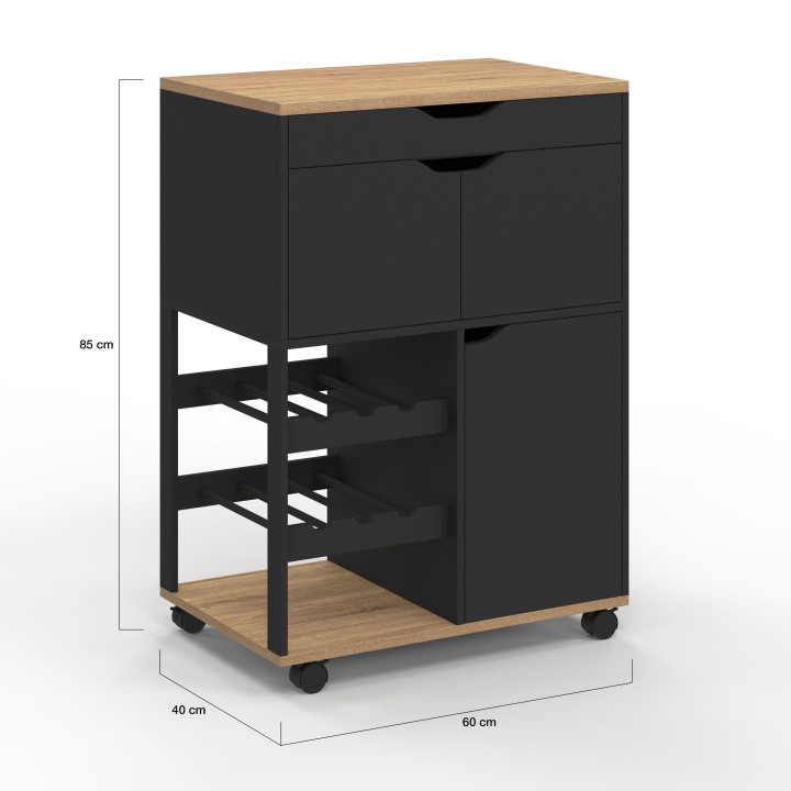 COSY keukenbuffet met kastjes en flessenrek in hout en zwart