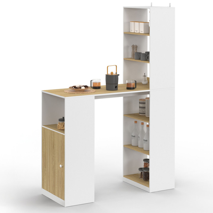 Table de bar LUNG avec rangements et placard 2 personnes bois et blanc