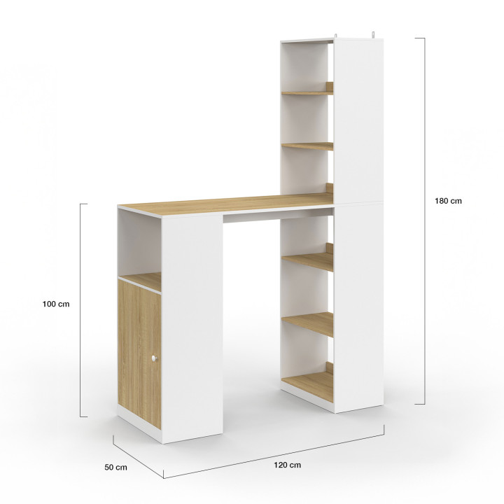 Table de bar LUNG avec rangements et placard 2 personnes bois et blanc