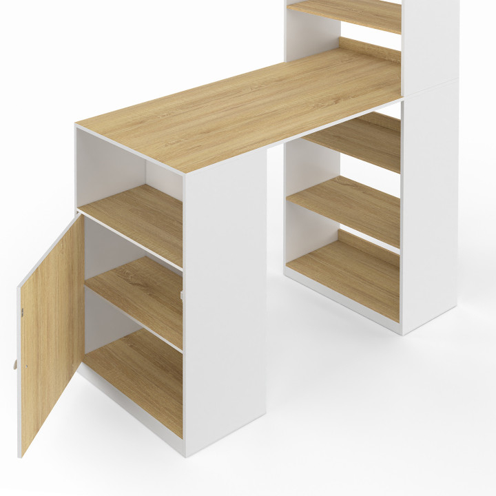 Table de bar LUNG avec rangements et placard 2 personnes bois et blanc