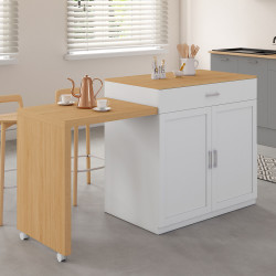 Ilot central VITO 90-155 cm bois blanc avec plan de travail extensible façon hêtre