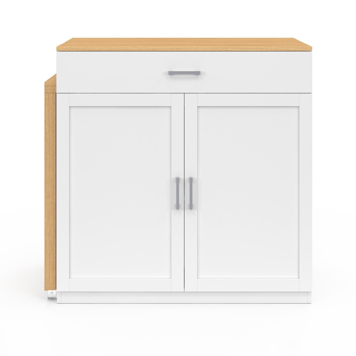 Ilot central VITO 90-155 cm bois blanc avec plan de travail extensible façon hêtre
