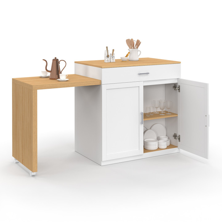 Ilot central VITO 90-155 cm bois blanc avec plan de travail extensible façon hêtre
