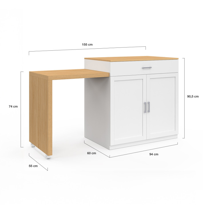 Ilot central VITO 90-155 cm bois blanc avec plan de travail extensible façon hêtre
