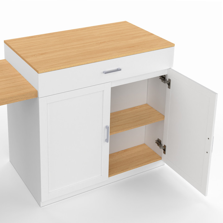 Ilot central VITO 90-155 cm bois blanc avec plan de travail extensible façon hêtre