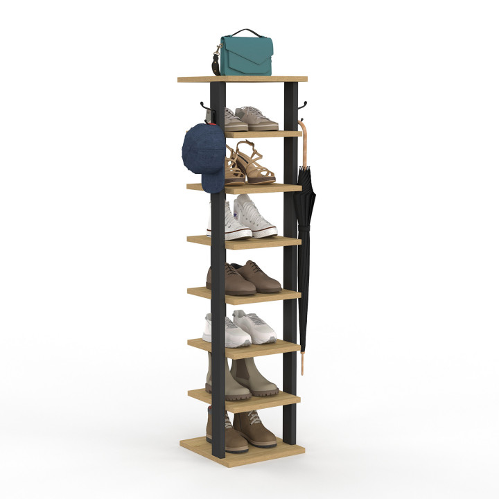 Etagère à chaussures 8 niveaux avec patères bois et noir