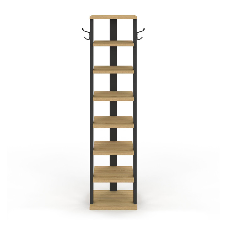 Etagère à chaussures 8 niveaux avec patères bois et noir