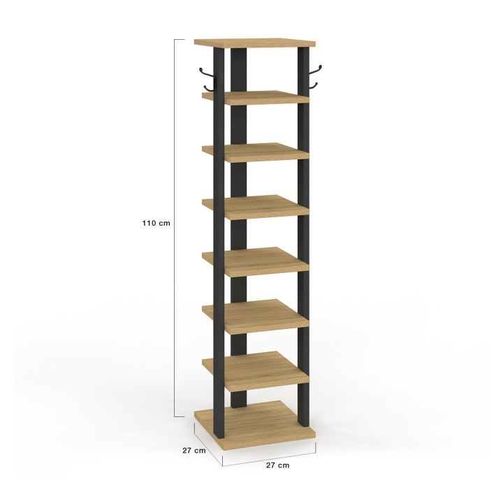 Etagère à chaussures 8 niveaux avec patères bois et noir