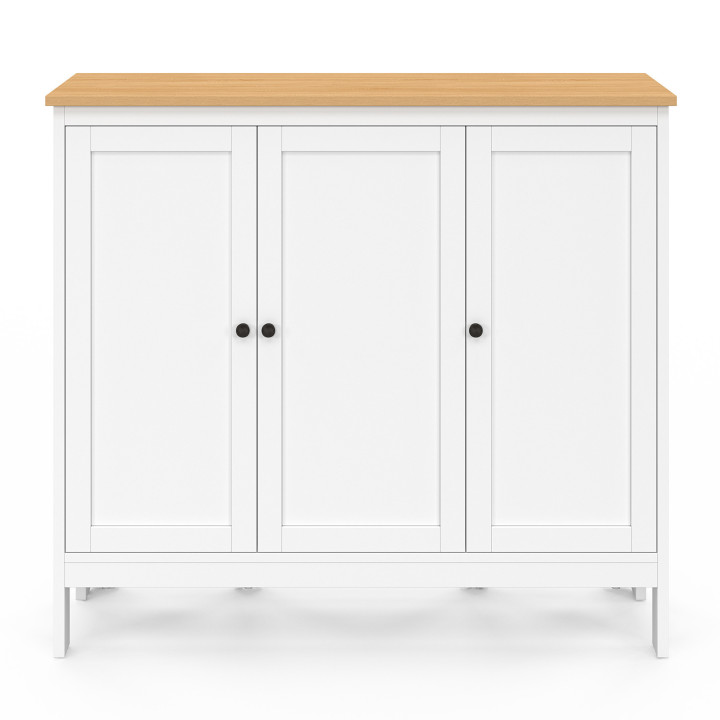 Ensemble table de bar îlot ACHILLE bois blanc avec plateau façon hêtre et 2 tabourets de bar