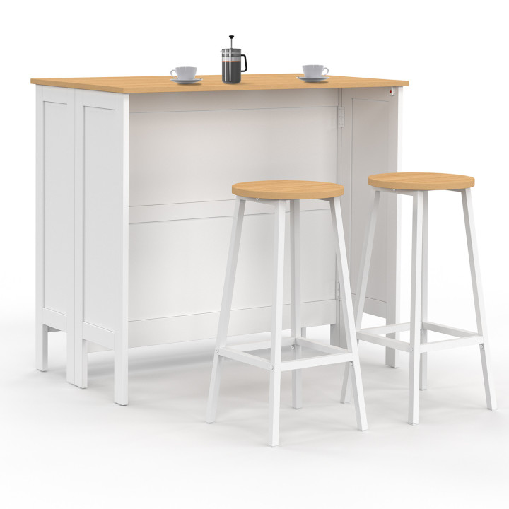 Ensemble table de bar îlot ACHILLE bois blanc avec plateau façon hêtre et 2 tabourets de bar