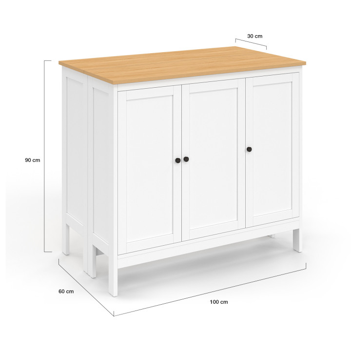 Ensemble table de bar îlot ACHILLE bois blanc avec plateau façon hêtre et 2 tabourets de bar