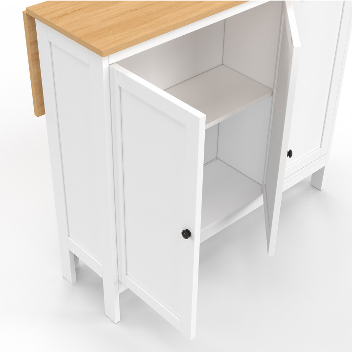 Ensemble table de bar îlot ACHILLE bois blanc avec plateau façon hêtre et 2 tabourets de bar