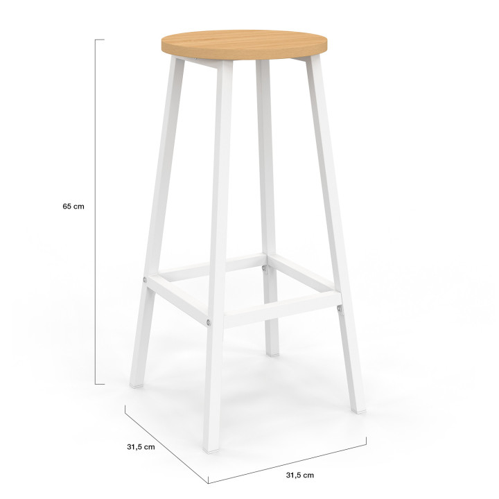 Ensemble table de bar îlot ACHILLE bois blanc avec plateau façon hêtre et 2 tabourets de bar