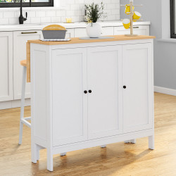 Ensemble table de bar îlot ACHILLE bois blanc avec plateau façon hêtre et 2 tabourets de bar