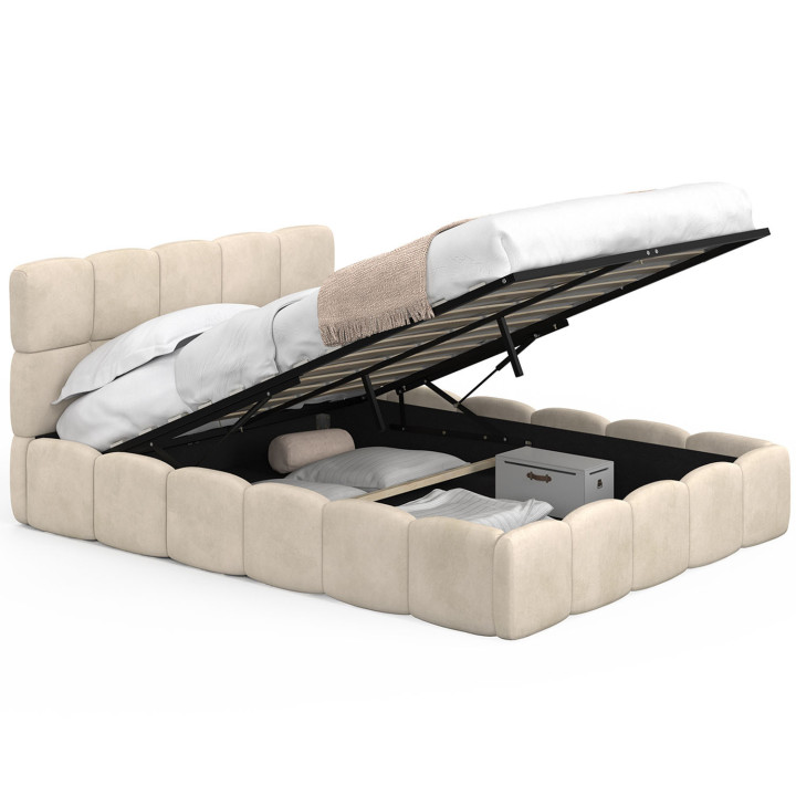 Letto matrimoniale a cassettone NUAGE con testata trapuntata e base in velluto beige 140 x 190 cm